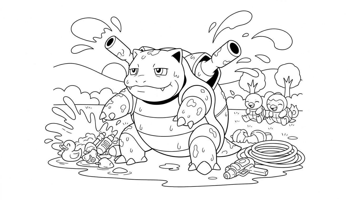 Zwart-wit kleurplaat van Blastoise in een plas water, omringd door waterspetters en drijvende rubberen eendjes en flesjes. Rechts kijken twee lachende Piplup toe, met een opgerolde tuinslang en waterpistool naast hen. Op de achtergrond is een glooiend, zonnig landschap met heuvels en bomen zichtbaar