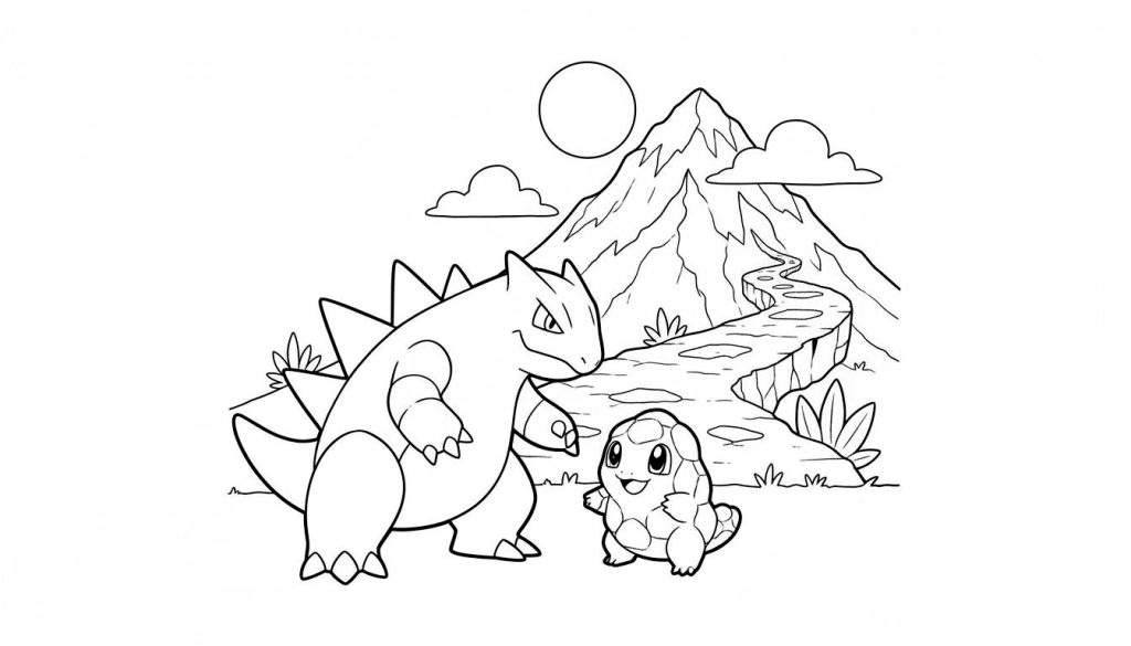 Zwart-wit kleurplaat van Tyranitar die neerkijkt op een lachende Squirtle, tegen de achtergrond van een berglandschap met een kronkelend pad, wolken en zon of maan.