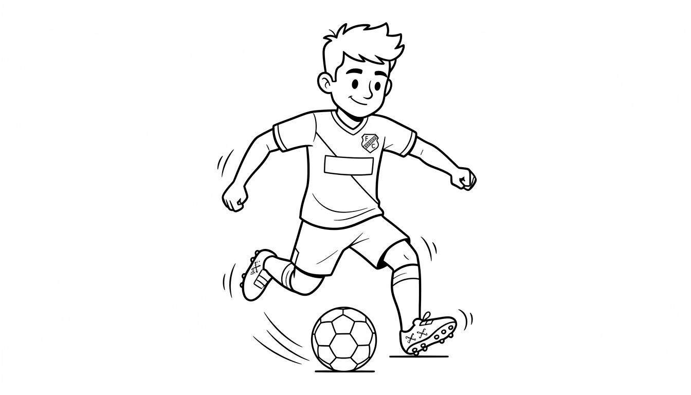 Zwart-wit kleurplaat van een vrolijke jongen in FC Utrecht voetbaltenue die een voetbal trapt.