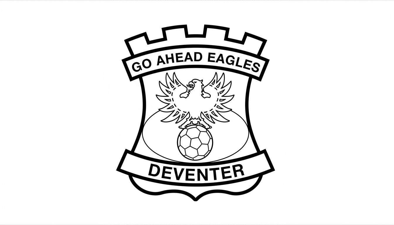 Zwart-witte kleurplaat van het Go Ahead Eagles logo: een wapenschild met kantelen, de tekst 'GO AHEAD EAGLES', een adelaar op een voetbal, en 'DEVENTER'.