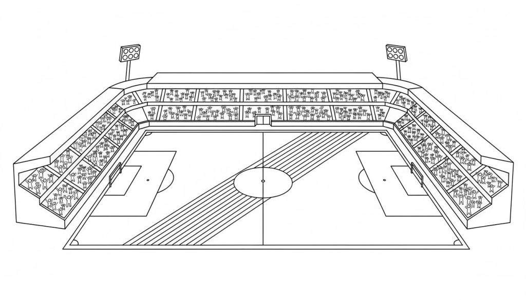 Gedetailleerde zwart-wit lijntekening van het NAC Breda voetbalstadion vanuit vogelperspectief, met een leeg voetbalveld, tribunes vol juichende fans en twee hoge lichtmasten, bedoeld als kleurplaat.