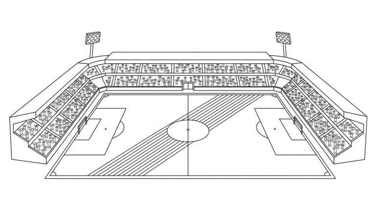 Gedetailleerde zwart-wit lijntekening van het NAC Breda voetbalstadion vanuit vogelperspectief, met een leeg voetbalveld, tribunes vol juichende fans en twee hoge lichtmasten, bedoeld als kleurplaat.