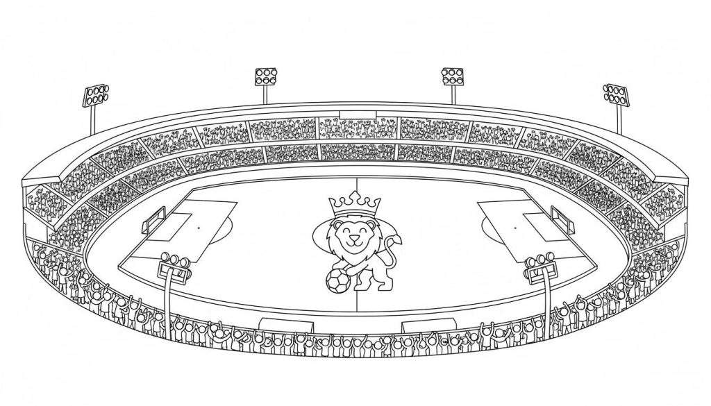 Kleurplaat van een Willem II voetbalstadion met een lachende leeuw met kroon en voetbal op het veld, omringd door juichend publiek en lichtmasten.