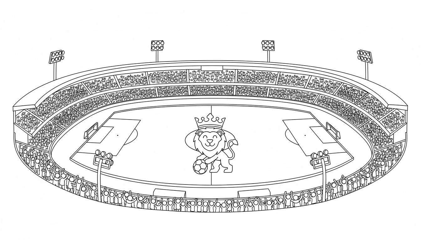 Kleurplaat van een Willem II voetbalstadion met een lachende leeuw met kroon en voetbal op het veld, omringd door juichend publiek en lichtmasten.