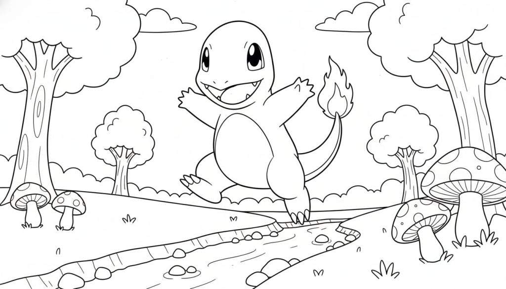 Zwart-wit kleurplaat van een vrolijke Charmander met vlam op staart, rennend door een natuurlijke bosrijke omgeving met bomen, paddenstoelen, een kronkelend beekje en wolken.
