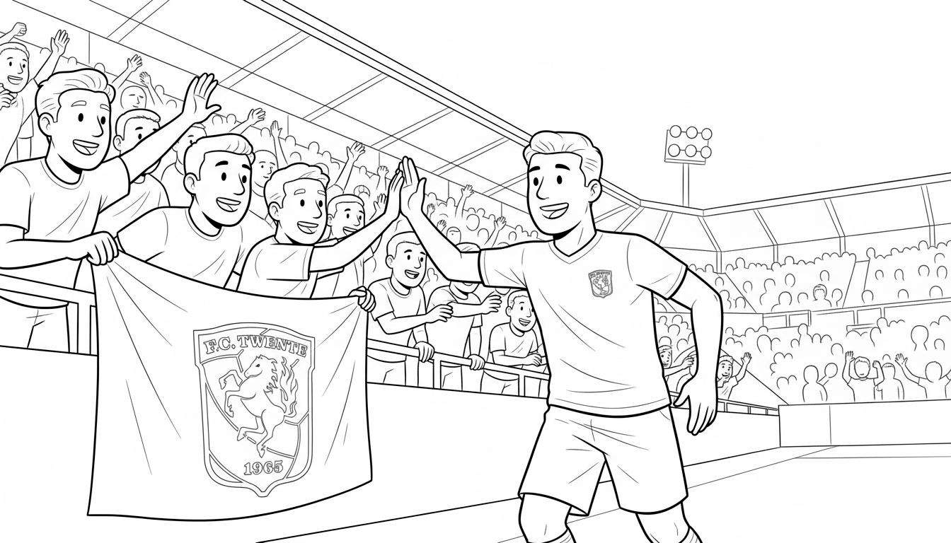 FC Twente kleurplaat van een lachende voetballer die een high-five geeft aan een supporter met een FC Twente vlag in een vol stadion.