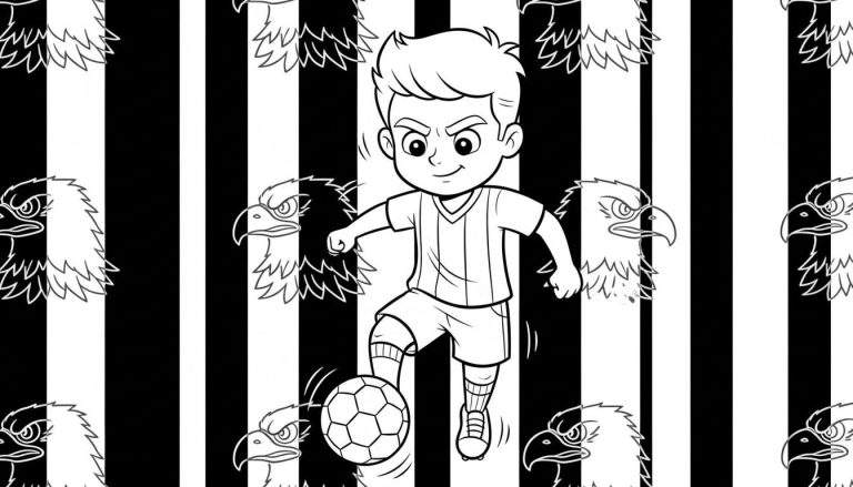 Zwart-wit kleurplaat van een jonge jongen in voetbaltenue die een voetbal schopt met zijn rechtervoet. Zijn gezicht heeft een vastberaden, ondeugende glimlach. Op de achtergrond zijn verticale zwart-witte strepen te zien, waaruit felle adelaarskoppen aan de zijkanten en boven/onderkant tevoorschijn komen. Het thema is Go Ahead Eagles.