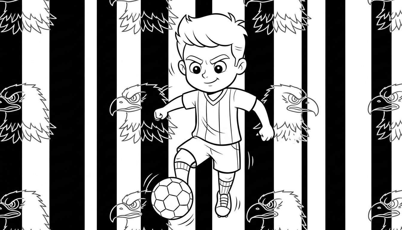 Zwart-wit kleurplaat van een jonge jongen in voetbaltenue die een voetbal schopt met zijn rechtervoet. Zijn gezicht heeft een vastberaden, ondeugende glimlach. Op de achtergrond zijn verticale zwart-witte strepen te zien, waaruit felle adelaarskoppen aan de zijkanten en boven/onderkant tevoorschijn