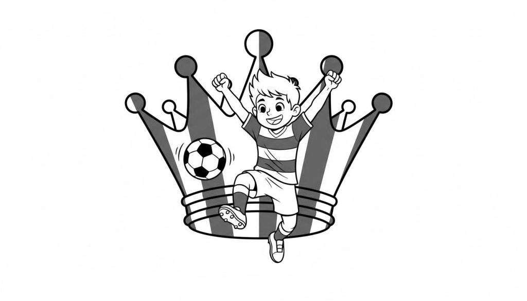 Zwart-wit kleurplaat van een juichende voetbaljongen in PEC Zwolle tenue met een voetbal, gevat in een gestileerde kroon.