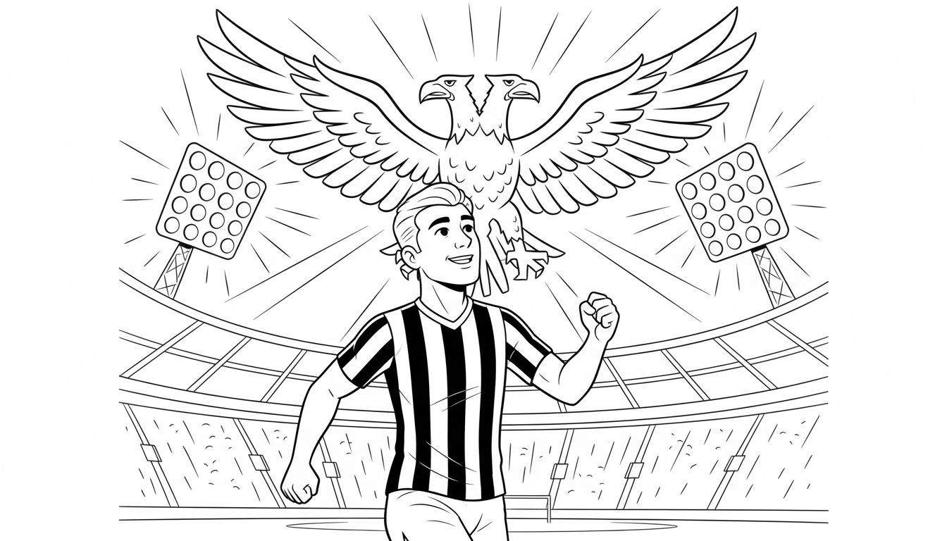 Kleurplaat van een lachende Vitesse-speler met gebalde vuist onder een tweekoppige adelaar, juichend in een stadion met publiek en schijnwerpers.