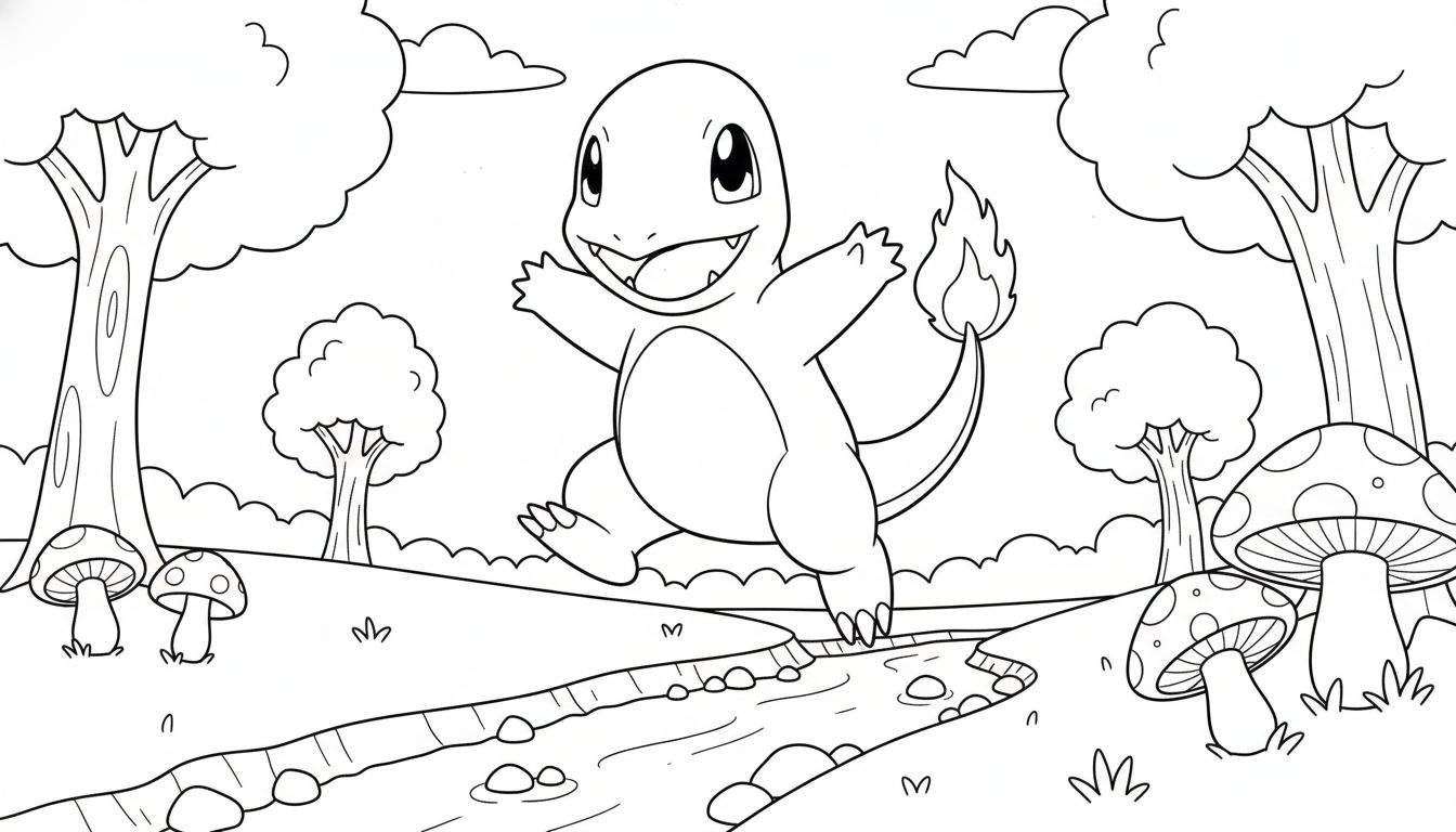 Zwart-wit kleurplaat van een vrolijke Charmander met vlam op staart, rennend door een natuurlijke bosrijke omgeving met bomen, paddenstoelen, een kronkelend beekje en wolken.