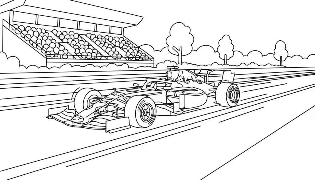 Zwart-witte kleurplaat van een Red Bull Formule 1-auto die op hoge snelheid over een racecircuit rijdt, met tribune vol toeschouwers en bomen op de achtergrond.