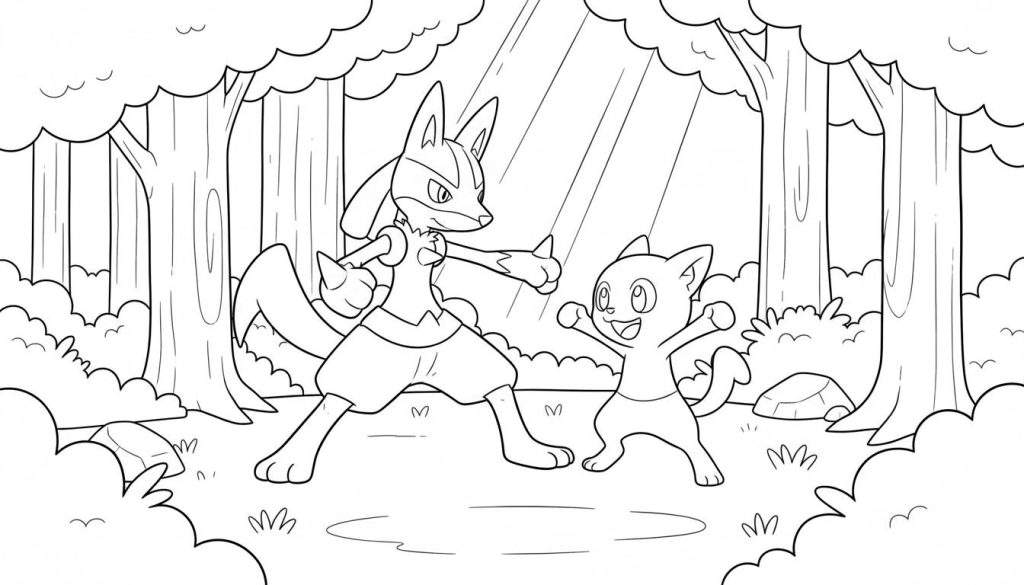 Kleurplaat: Lucario begeleidt een blije, kleine kat-achtige Pokémon in een zonnig bos met plassen en rotsen.