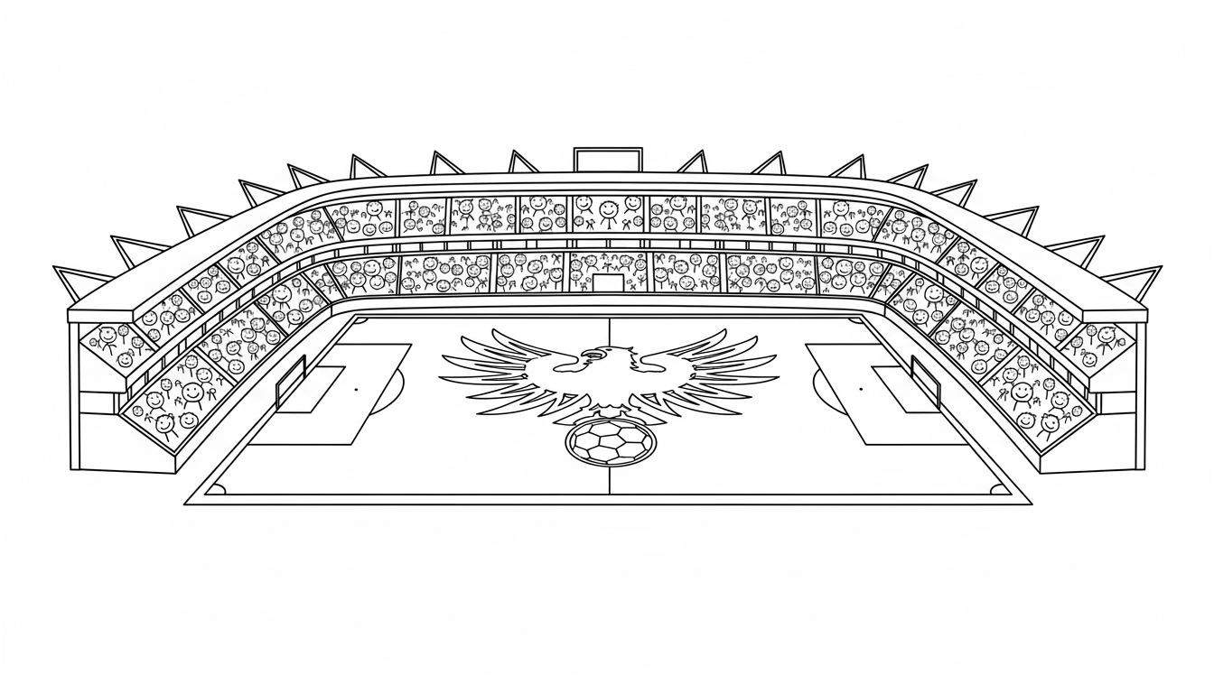 Zwart-wit lijntekening van een voetbalstadion (De Adelaarshorst) gevuld met lachende smiley-supporters, met op het veld een groot Go Ahead Eagles adelaar embleem en voetbal.