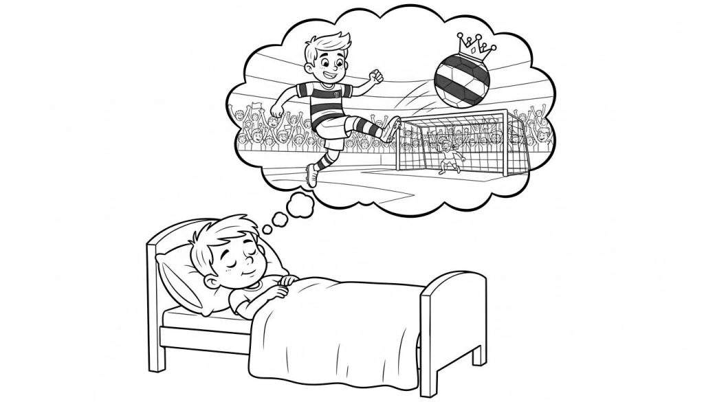 Kleurplaat van een slapende jongen die droomt dat hij als PEC Zwolle voetballer een gekroonde bal in het doel schiet, bewaakt door een keeper, met een juichend publiek op de achtergrond.