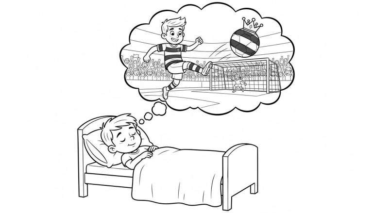 Kleurplaat van een slapende jongen die droomt dat hij als PEC Zwolle voetballer een gekroonde bal in het doel schiet, bewaakt door een keeper, met een juichend publiek op de achtergrond.