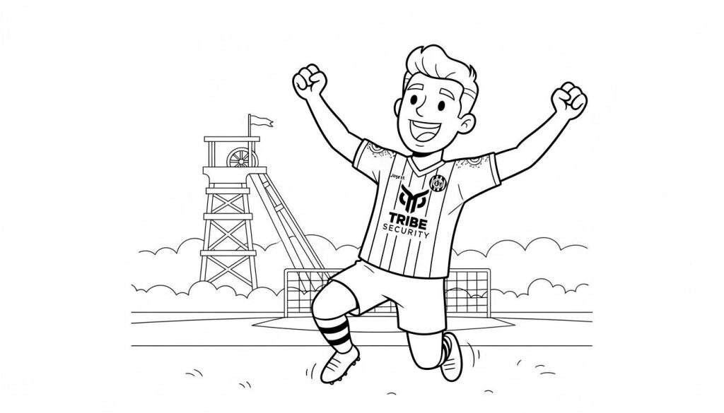 Zwart-wit kleurplaat van een lachende Roda JC voetballer die een doelpunt viert, armen in de lucht. Op de achtergrond een houten toren met vlag en een voetbaldoel op een sportveld.