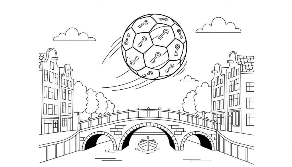 Zwart-wit kleurplaat van een typisch Utrechts grachtenstadsgezicht met een vliegende voetbal versierd met sleutels, grachtenpanden, een boogbrug en een bootje, als eerbetoon aan FC Utrecht.