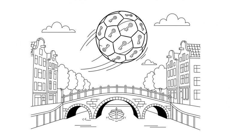 Zwart-wit kleurplaat van een typisch Utrechts grachtenstadsgezicht met een vliegende voetbal versierd met sleutels, grachtenpanden, een boogbrug en een bootje, als eerbetoon aan FC Utrecht.