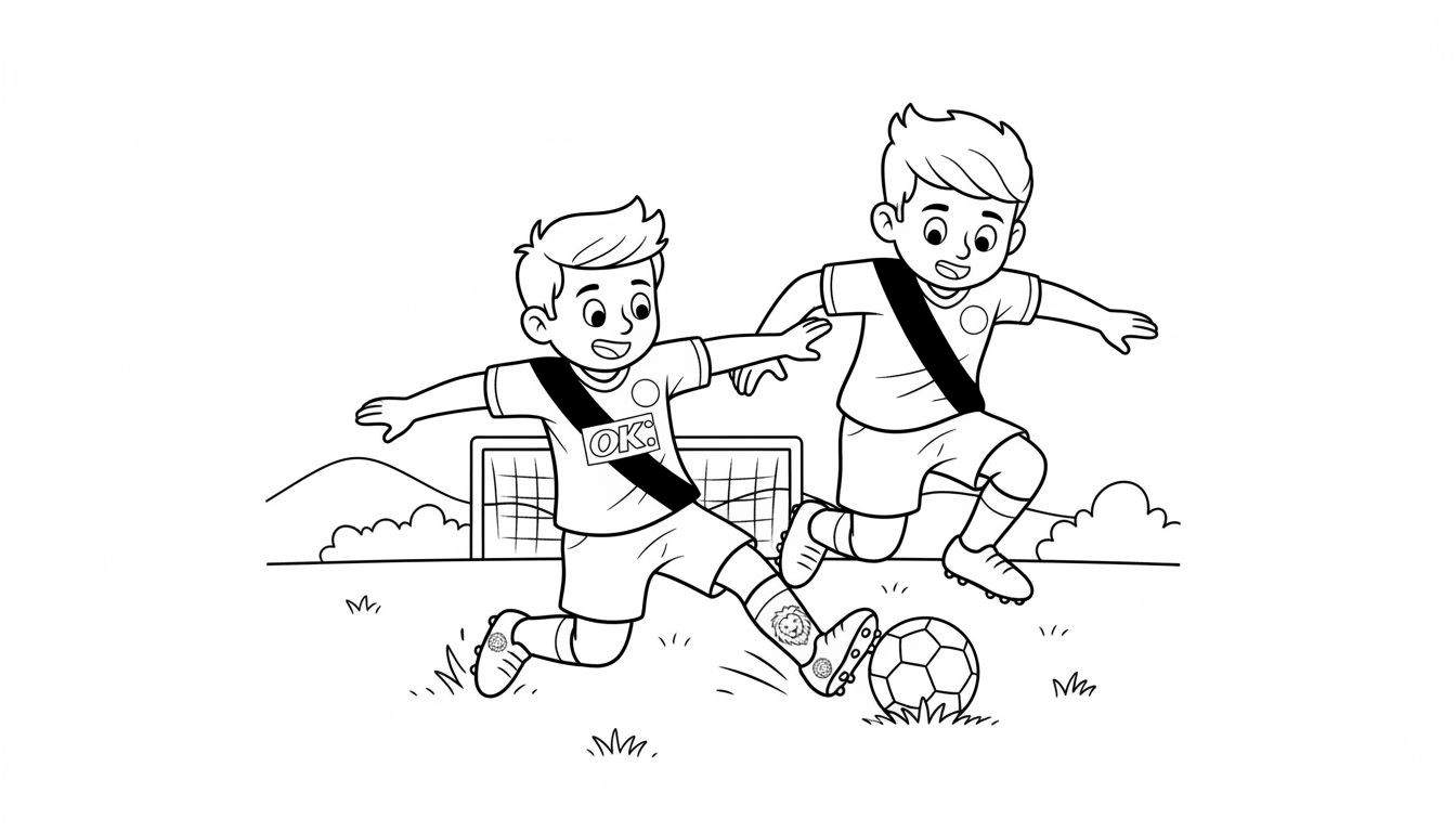 Zwart-wit kleurplaat van twee glimlachende jongens in voetbaltenues met diagonale banden, voetballend op een grasveld. De linkerjongen rent met 'OK!' op zijn shirt; de rechterjongen trapt een bal en heeft een leeuwenkopje op zijn schoen. Op de achtergrond een voetbaldoel, heuvels en struiken. Onderw