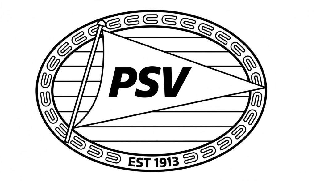 Kleurplaat van het PSV voetbalclublogo. Rond zwart-wit embleem met U-vormige buitenring, "EST 1913", en een vlag met "PSV" erop, geplaatst tegen een achtergrond van horizontale lijnen.