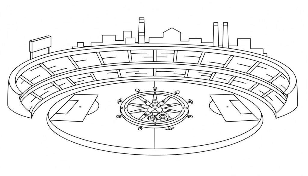 Zwart-wit lijntekening van een futuristisch/steampunk Roda JC stadion met leeg gebogen tribunes, een scorebord, industriële skyline en een gedetailleerd mechanisch speelveld met tandwielen en anker-achtige symbolen in het midden.