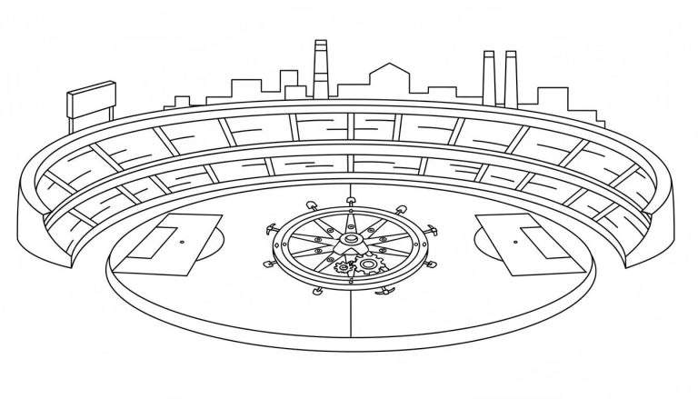 Zwart-wit lijntekening van een futuristisch/steampunk Roda JC stadion met leeg gebogen tribunes, een scorebord, industriële skyline en een gedetailleerd mechanisch speelveld met tandwielen en anker-achtige symbolen in het midden.