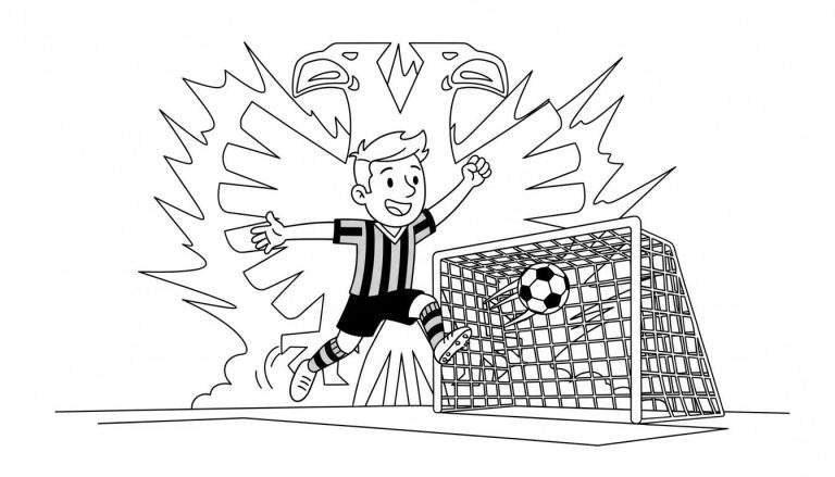 Zwart-witte kleurplaat van een juichende Vitesse-voetballer in actie, met voetbal in het doel en een adelaarsymbool.