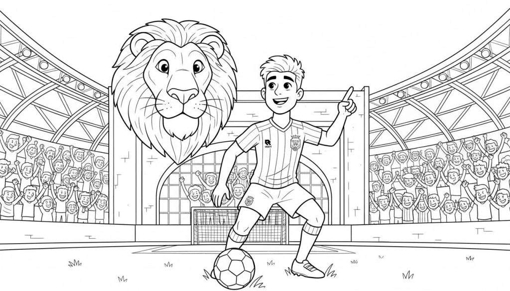 Zwart-wit kleurplaat van een vrolijke jongen met voetbal, wijzend naar boven, voor een grote leeuwenmascotte en juichende fans in het Willem II voetbalstadion met boogconstructies.