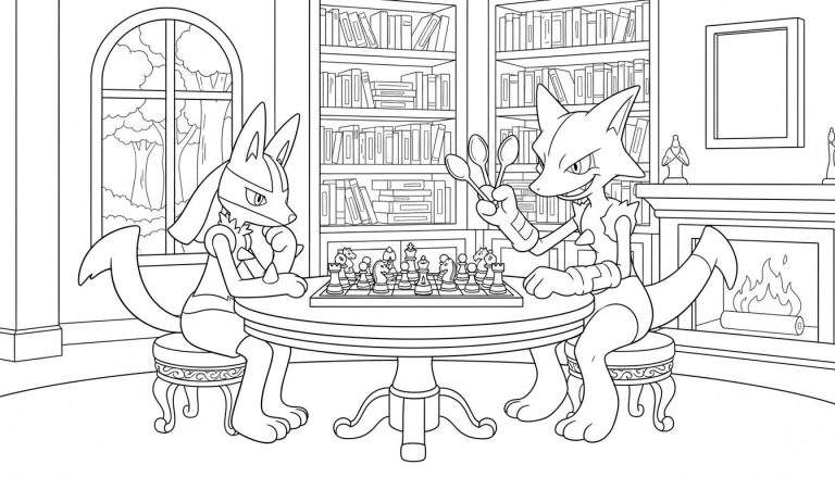 Zwart-witte lijntekening voor een kleurplaat van Pokémon Lucario en Alakazam die schaken in een studeerkamer. Lucario zit links en Alakazam rechts met lepels. Een schaakbord staat tussen hen in. Op de achtergrond zijn boekenkasten, een boograam en een open haard te zien.