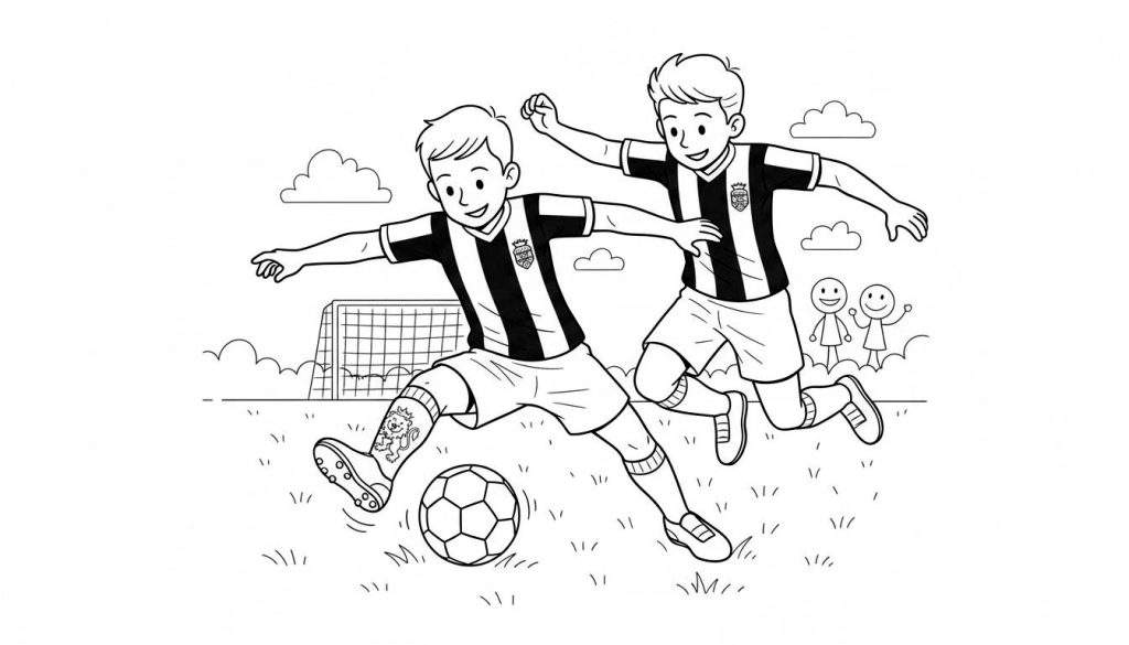 Zwart-wit kleurplaat van twee blije jongens in Willem II voetbaltenues die voetballen op een grasveld met een doel en toeschouwers op de achtergrond.