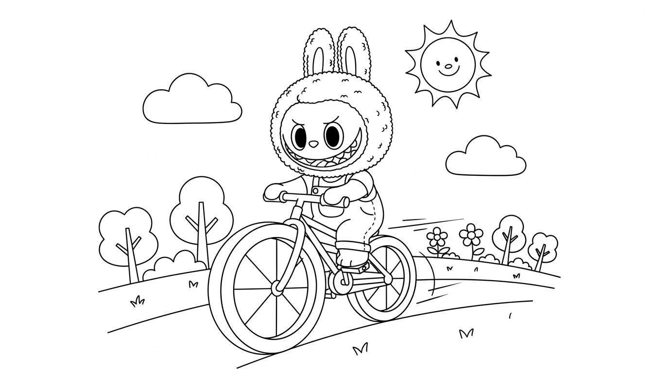 Labubu konijn met ondeugende glimlach en puntige tanden fietst op ouderwetse fiets over een glooiend pad. De achtergrond toont een lachende zon, wolken en bomen.