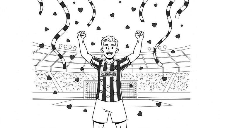 Kleurplaat van een blije SC Heerenveen voetballer in gestreept shirt met 'WOLKOM', juichend in stadion met linten en hartjes.