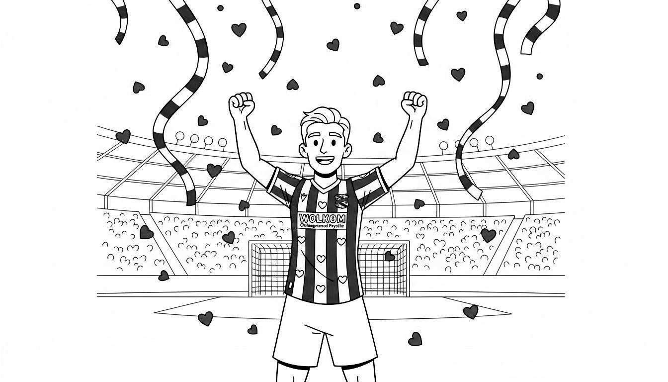 Kleurplaat van een blije SC Heerenveen voetballer in gestreept shirt met 'WOLKOM', juichend in stadion met linten en hartjes.