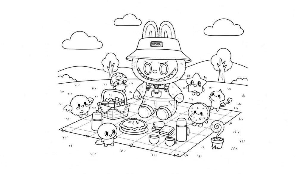 Zwart-wit kleurplaat van Labubu, een konijnachtig figuur, picknickend met diverse schattige vrienden en etenswaren op een geruite deken in een heuvelachtig landschap.