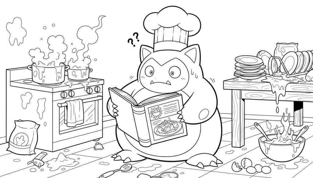 Zwart-wit kleurplaat van een Snorlax in een chaotische keuken die verward in een kookboek leest, omringd door gemorste ingrediënten en vuile vaat.