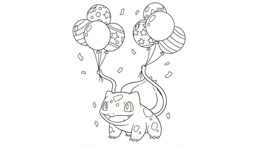 Zwart-wit kleurplaat van een vrolijke Bulbasaur die met zijn lianen twee trossen ballonnen vasthoudt, omringd door zwevende confetti.