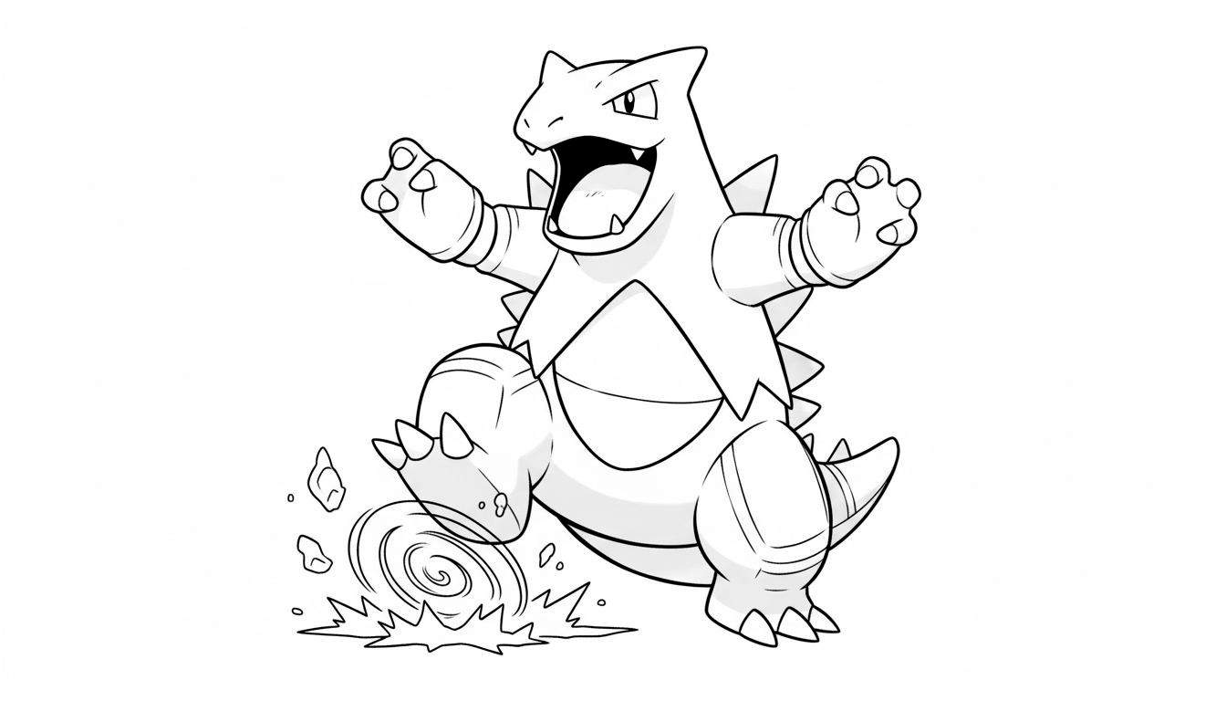 Zwart-wit kleurplaat van Pokémon Tyranitar in krachtige actiepose, met impacteffecten en opspattend puin.