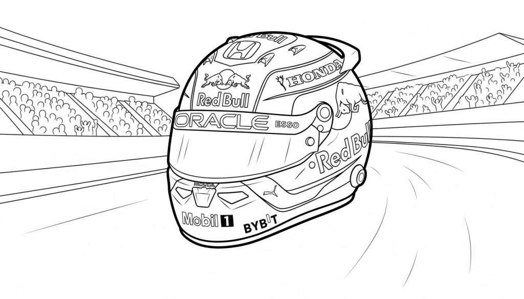 Zwart-wit kleurplaat van een gedetailleerde Red Bull Formule 1 racehelm met sponsorlogo's (o.a. Oracle, Honda, Esso) op een racebaan, met tribunes en publiek op de achtergrond.