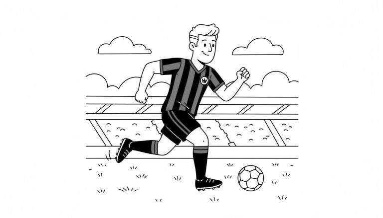 Zwart-wit kleurplaat van een glimlachende Excelsior voetballer in actie op een grasveld, met een kroonlogo op zijn gestreepte shirt en een voetbal bij zijn voet. Op de achtergrond zijn stadiontribunes en wolken te zien.