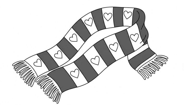 Zwart-wit kleurplaat van een golvende SC Heerenveen sjaal met gestreepte banen, hartjes op witte vlakken en franjes aan de uiteinden.