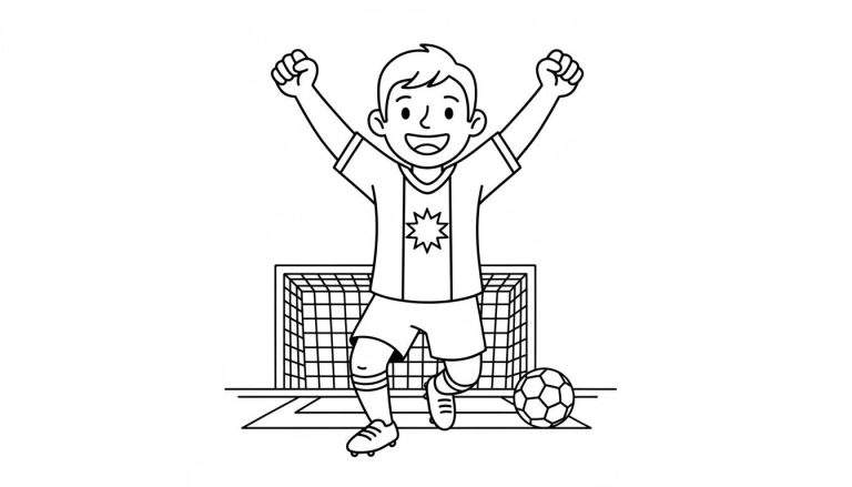 Zwart-wit kleurplaat van een uitbundig juichende jongen in Ajax voetbaltenue met een ster op zijn shirt, naast een voetbal en voor een voetbaldoel, die een doelpunt viert.