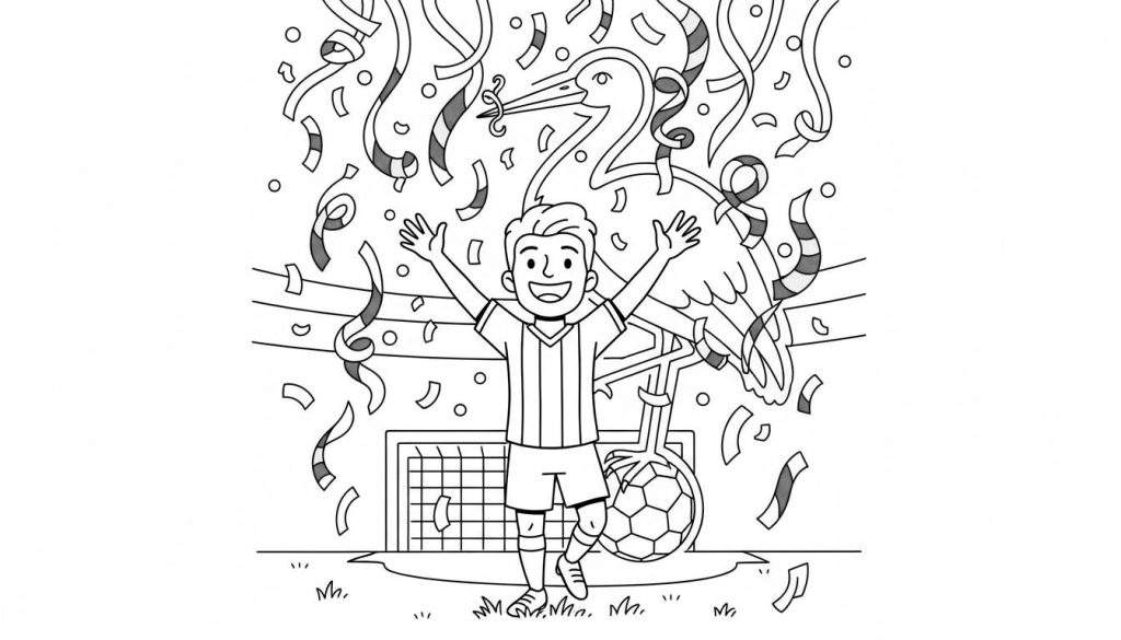 Zwart-wit kleurplaat van een juichende ADO Den Haag voetballer, een ooievaar met rammelaar, voetbal, doel en confetti op een grasveld.