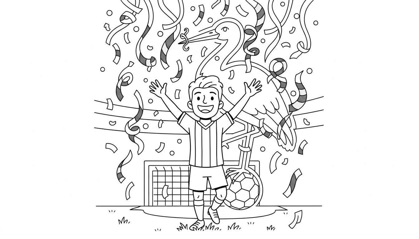 Zwart-wit kleurplaat van een juichende ADO Den Haag voetballer, een ooievaar met rammelaar, voetbal, doel en confetti op een grasveld.