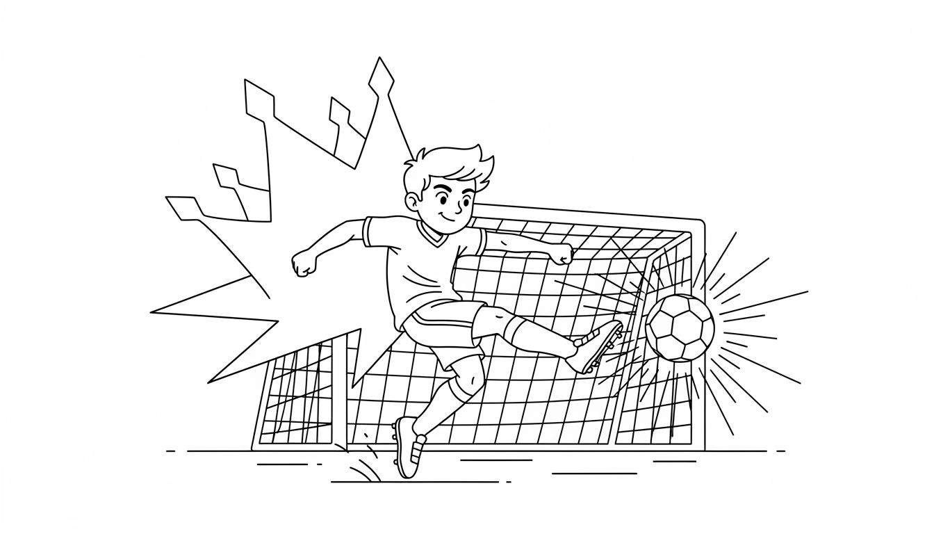 Zwart-wit lijntekening kleurplaat van een lachende jongen in voetbaltenue die een bal krachtig in een voetbaldoel schopt, met explosie- en kroonachtige vormen op de achtergrond die overwinning symboliseren. Thema: Excelsior.