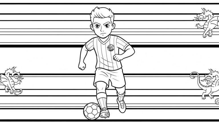 Zwart-wit kleurplaat van een jongen in een FC Den Bosch voetbaltenue die een bal dribbelt, omringd door vier cartoon draken en een gestructureerde achtergrond van horizontale lijnen.