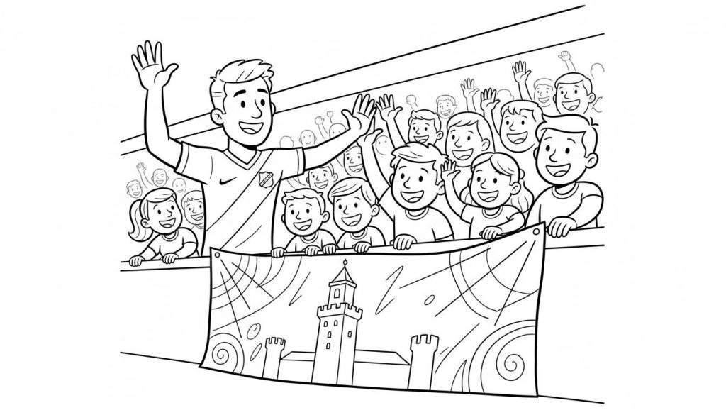 Zwart-wit kleurplaat: Vrolijke man in NAC Breda sportshirt zwaait enthousiast naar een grote groep lachende kinderen achter een spandoek met kasteelafbeelding.