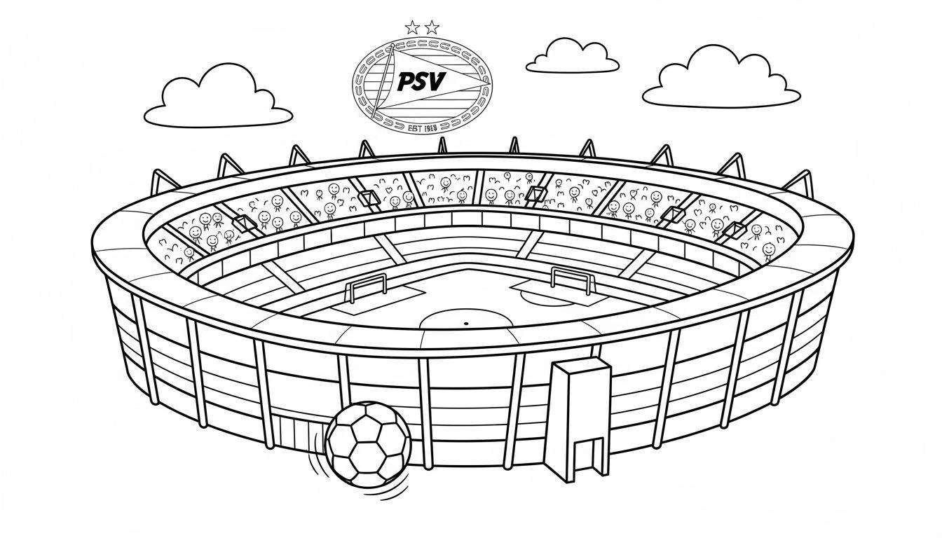 Zwart-wit lijntekening van een PSV voetbalstadion kleurplaat, gezien van bovenaf en schuin. Toont het veld, tribunes vol lachende fans, een voetbal, wolken en het PSV-logo met 'EST 1913' en twee sterren.