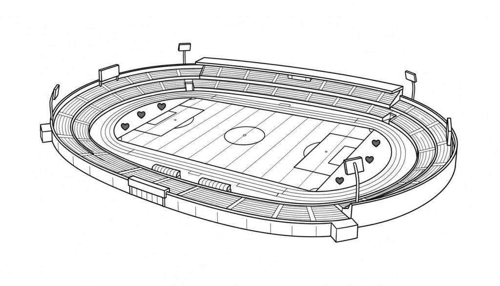 Zwart-wit lijntekening van een ovaal SC Heerenveen sportstadion vanuit bovenaanzicht, met een voetbal- en American footballveld, atletiekbaan, tribunes en hartjes op het veld.