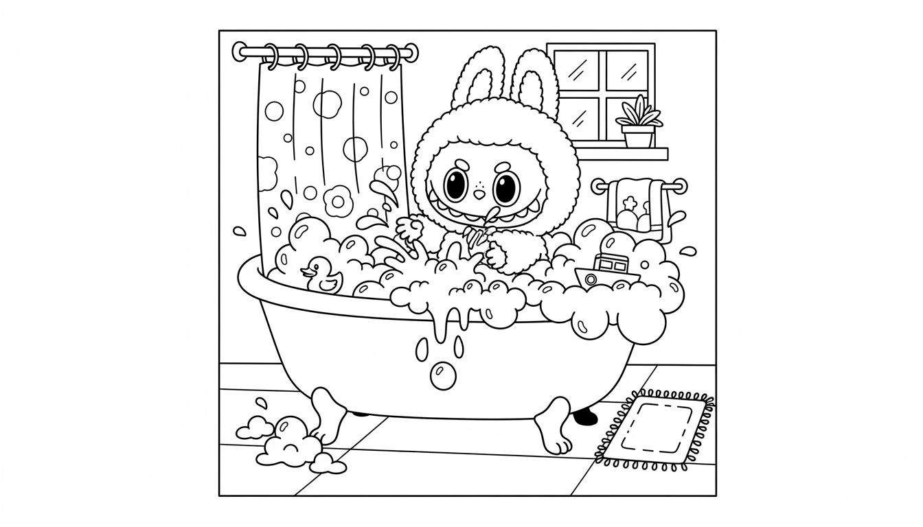 Zwart-wit kleurplaat van Labubu, een schattig konijntje, spetterend in een badkuip vol zeepbellen. De badkamer bevat ook een badeendje, bootje, douchegordijn, raam met plantje, handdoekrek, betegelde vloer en badmatje.